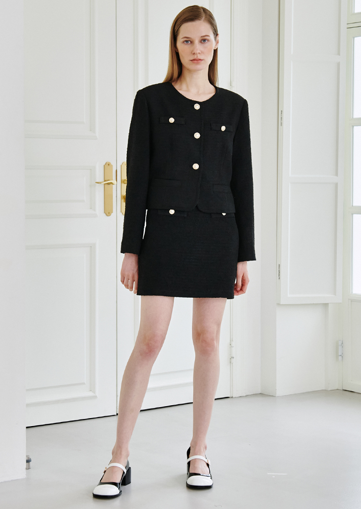 Tweed Button Skirt -Black